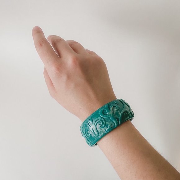 Vintage Acrylic Chunky Teal Green Faux Marble Art Nouveau Wide Bangle Bracelet - Picture 9 of 11